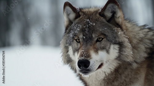 Close up of a wolf with snow background. Animal kingdom concept © Renrae