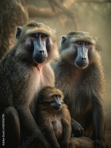baboon mother with her babies in the park