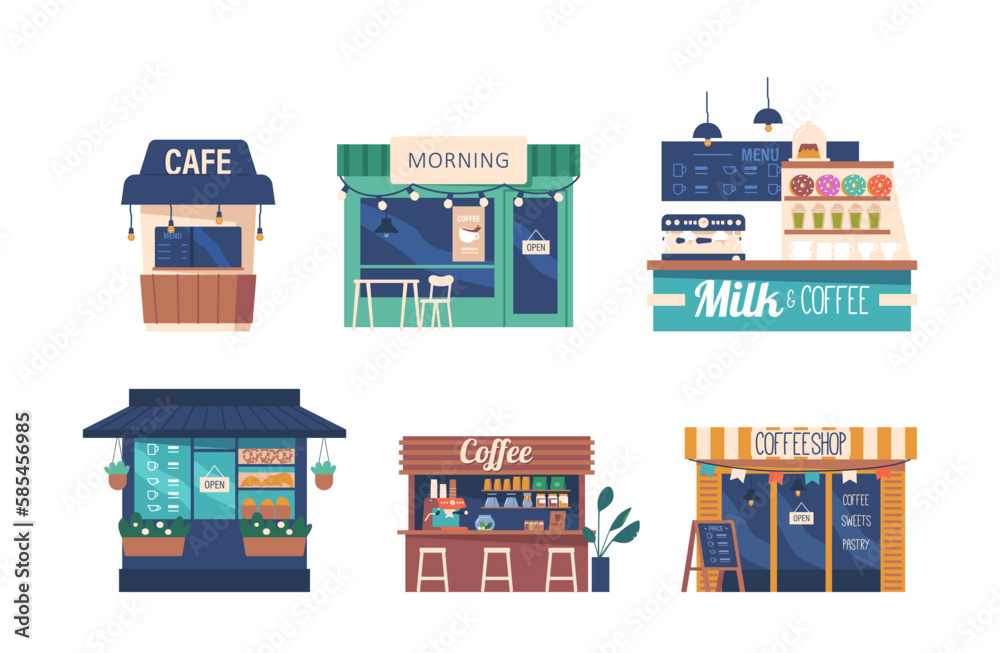 Set of Coffee Houses and Booths With Cozy Seating And Wooden Decor With A Laid-back Atmosphere Cartoon Illustration
