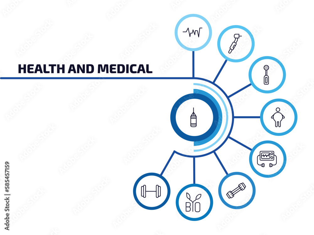 health and medical infographic element with outline icons and 9 step or option. health and medical icons such as punching bag, beat, electric toothbrush, fat, defibrillator, chest expander, bio, gym health and medical infographic element with outline icons and 9 step or option. health and medical icons such as punching bag, beat, electric toothbrush, fat, defibrillator, chest expander, bio, gym