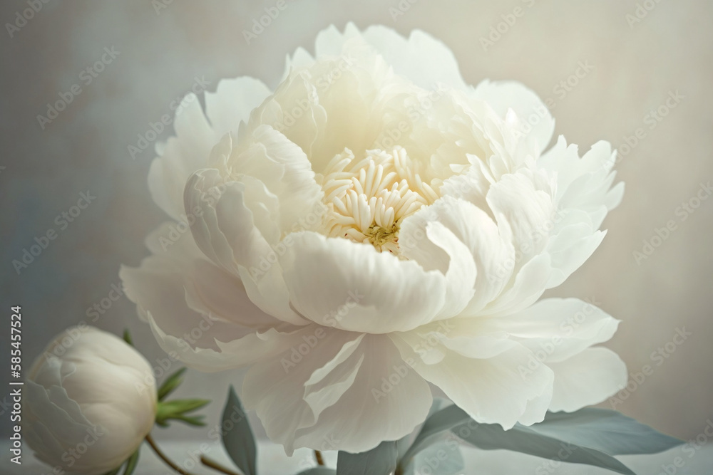 Beautiful white peony flowers on light background, closeup view, spring season, Generative AI Beautiful white peony flowers on light background, closeup view, spring season, Generative AI