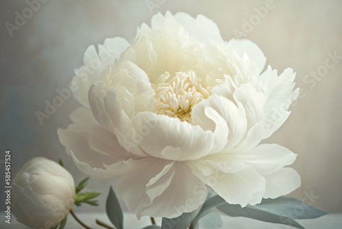 Beautiful white peony flowers on light background  closeup view  spring season  Generative AI