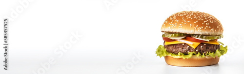 Delicious burger with beef cutlet, melted cheese on a white background. AI generated. Header banner mockup with space.
