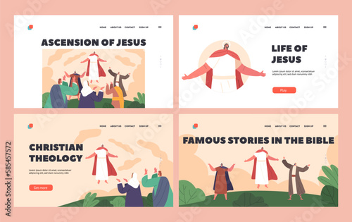 Ascension Of Jesus Landing Page Template Set. Jesus Christ Character Rising Into Sky As His Disciples Look On In Wonder