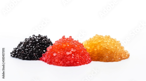 Black, yellow and pink sturgeon caviar in bulk on a white background. AI generated.