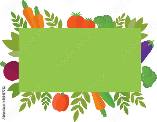 Rectangular horizontal banner in green color with vegetables and leaves and branches in flat