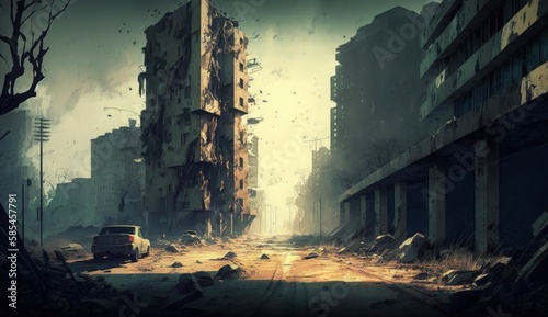 illustration painting of destroyed Abandoned City, Digital Illustration, Ruins Creepy Grunge Drawing Scary Horror Zombie Apocalypse, Buildings, Roads, Generate Ai