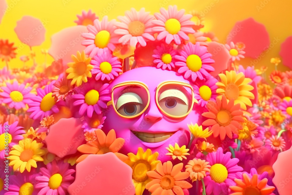 Mental health day, smiling and laughing emoticon flower sun. AI generated.