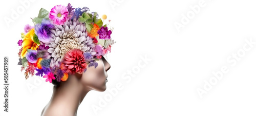 Mental health day, female head made of colorful flowers. Fictional person created with generative AI.