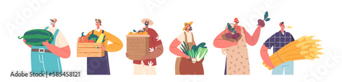 Farmers Group with Crops. Male and Female Rancher Characters With Fresh Agricultural Produce Isolated on White
