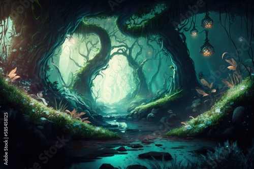 generative ai of fantasy forest with stream background  © Candice