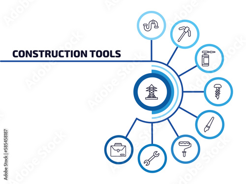 construction tools infographic element with outline icons and 9 step or option. construction tools icons such as electric tower, plumbing, blowtorch, garage screw, paint brush, painter roller,