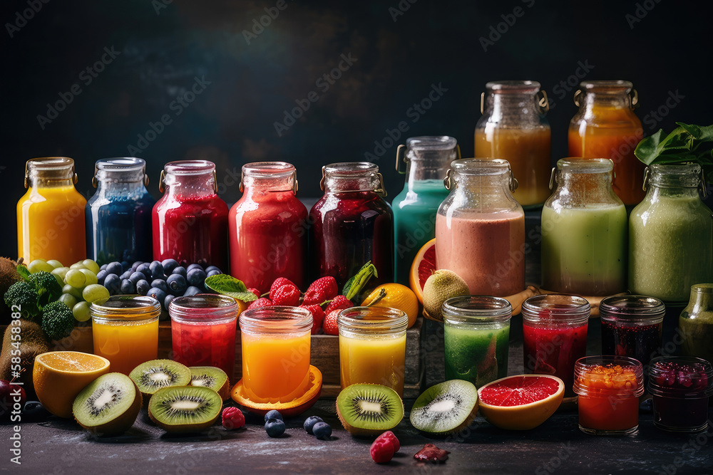 Panoramic food background with assortment of fresh fruits and vegetables juices in rainbow colors on the table Generative AI Panoramic food background with assortment of fresh fruits and vegetables juices in rainbow colors on the table Generative AI