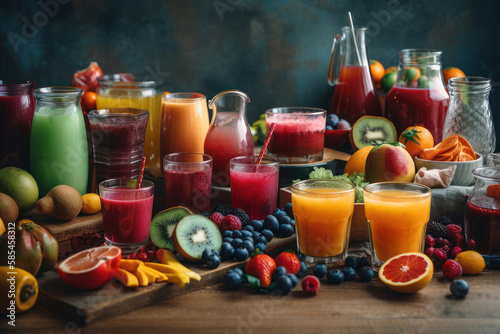 Panoramic food background with assortment of fresh fruits and vegetables juices in rainbow colors on the table Generative AI
