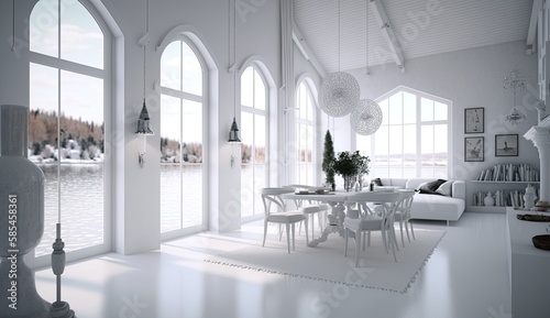 Modern house white spanish style on a lake interior lights, Generative AI Technology 