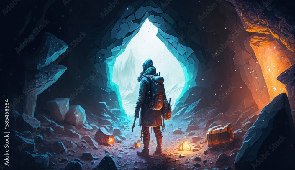 illustration painting of the explorer came to a spooky environment with diamonds, 3D illustration, Generate Ai illustration painting of the explorer came to a spooky environment with diamonds, 3D illustration, Generate Ai