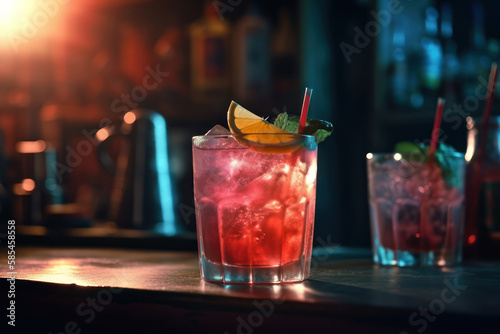Pink and red Fresh colorful exotic alcoholic cocktail with lemon and ice in the bar Generative AI photo
