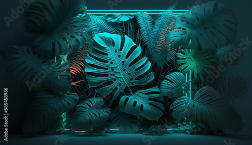 glowing neon teal square shape surrounded by tropical palm fronds and monstera leaves. created with generative ai. 