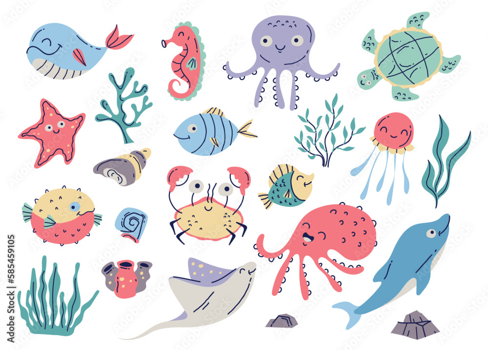 Sea animal life ocean underwater cute doodle style concept. Vector graphic design illustration