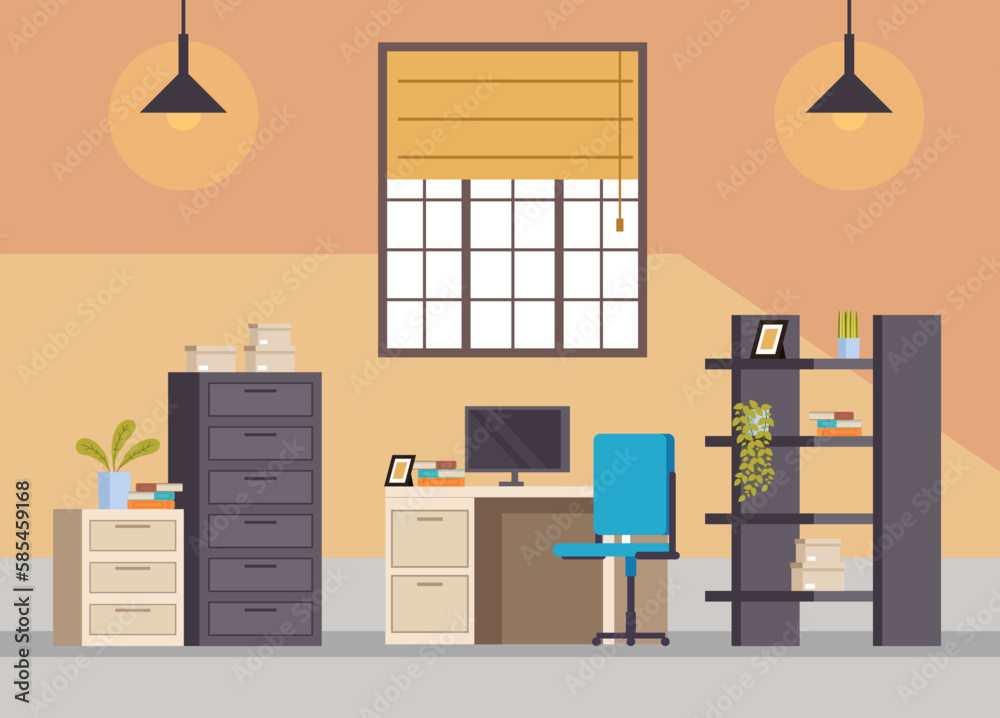 Office interior space workspace modern desk concept. Vector graphic design illust Office interior space workspace modern desk concept. Vector graphic design illust