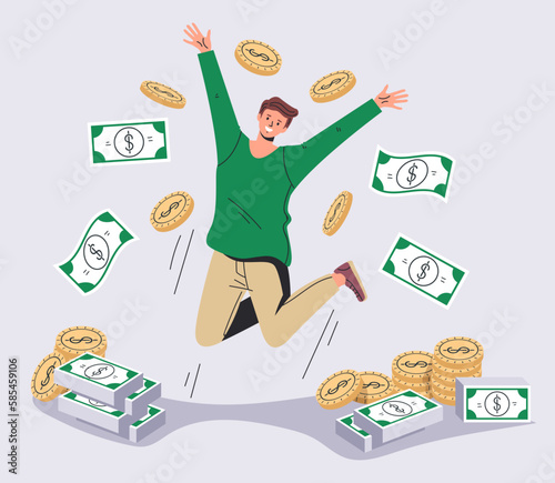 Money rain rich wealthy happy people concept. Vector graphic design illustration