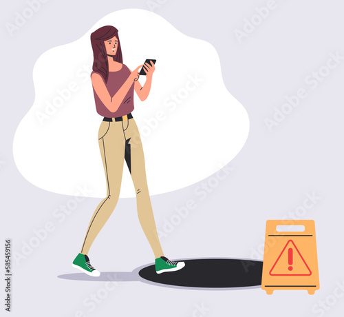People does not see open hatch. Smartphone addiction concept. Vector graphic design illustration