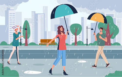 Rainy season people under umbrella city weather concept. Vector graphic design illustration
