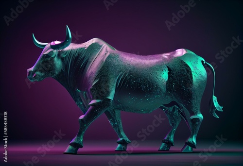 Metallic green bull with green particles in dramatic contrasting light representing financial market trends under black-purple background. Concept 3D CG of stock market. Generative AI