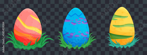 Set with cartoon dinosaur eggs in grass