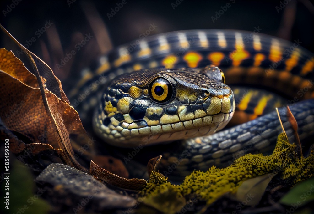 Coiled garter snake looking intently into the camera in Connecticut. Generative AI Coiled garter snake looking intently into the camera in Connecticut. Generative AI