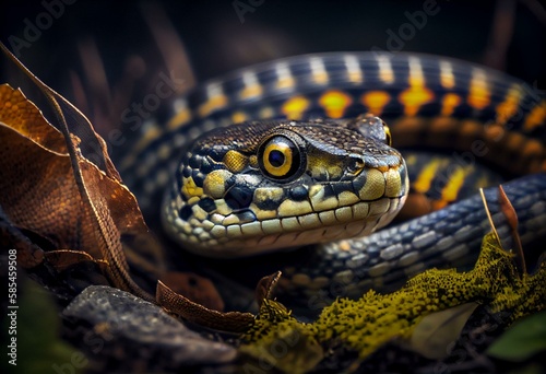 Coiled garter snake looking intently into the camera in Connecticut. Generative AI