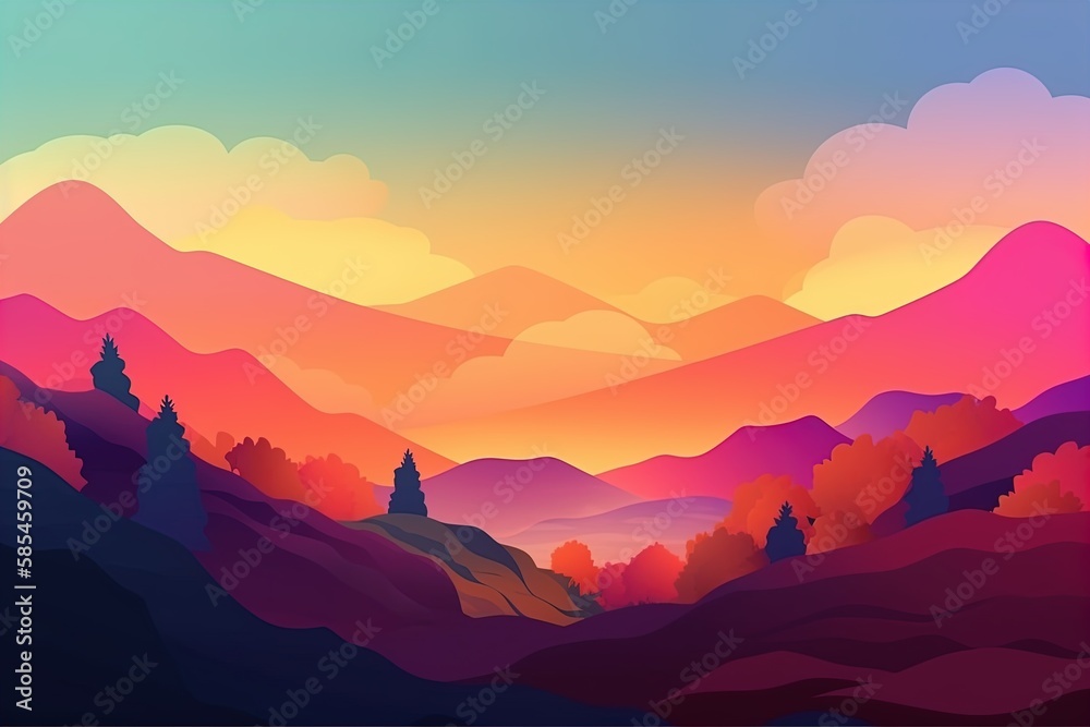 Gradient landscape nature background with purple mountains clouds and trees.