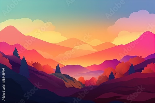 Gradient landscape nature background with purple mountains clouds and trees.