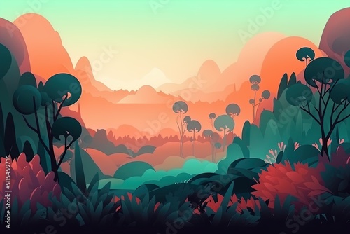 Cartoon gradient jungle landscape with trees silhouettes on background of sunset.
