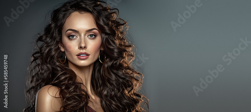 Beauty girl with long and shiny wavy hair. Beautiful woman model with curly hairstyle, Perfect clean fresh skin. Model with natural makeup and sparkling eyes on isolated background. Generative AI