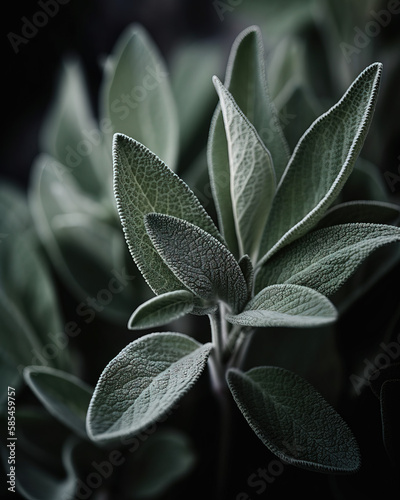 Sage Leaves Close Up with dark background, Generative AI