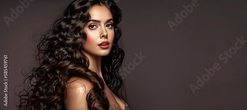 Beauty girl with long and shiny wavy hair. Beautiful woman model with curly hairstyle,  Perfect clean fresh skin. Model with natural makeup and sparkling eyes on isolated background. Generative AI