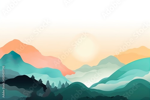 Gradient landscape nature background with mountains sun and trees.