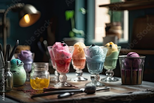  Various colorful ice cream on the table Generative AI