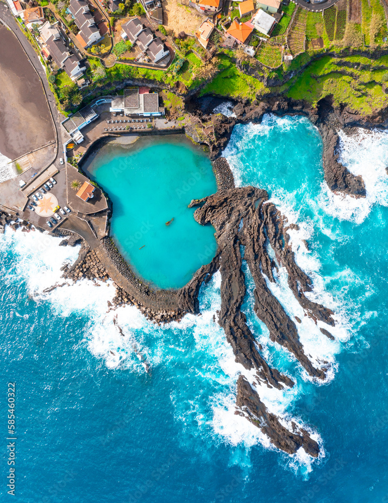 Aerial view of Madeira island. Land meets ocean in Seixal, Madeira, Portugal