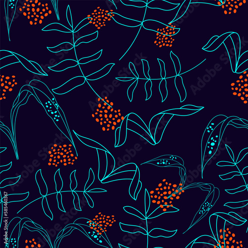 Abstract leaves from lines in a seamless pattern on a dark blue background.