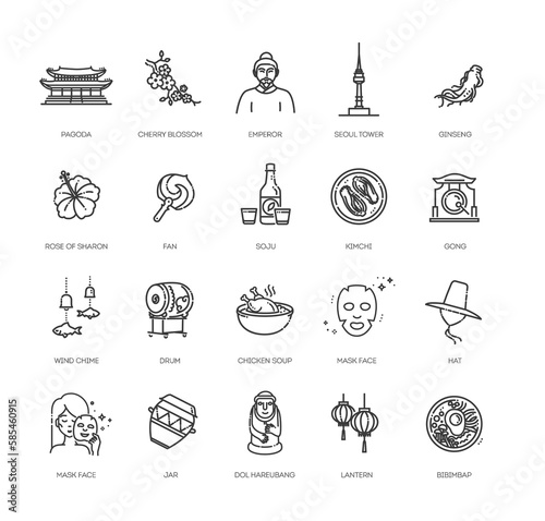 Set of Korea icons. Line art style icons bundle. vector illustration