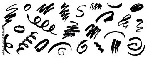 Hand draw brush quotes, commas, ornament, marks, splash and flourish set. Vector stock illustration isolated on white background for design template text and page decoration, headline, speech bubble. 