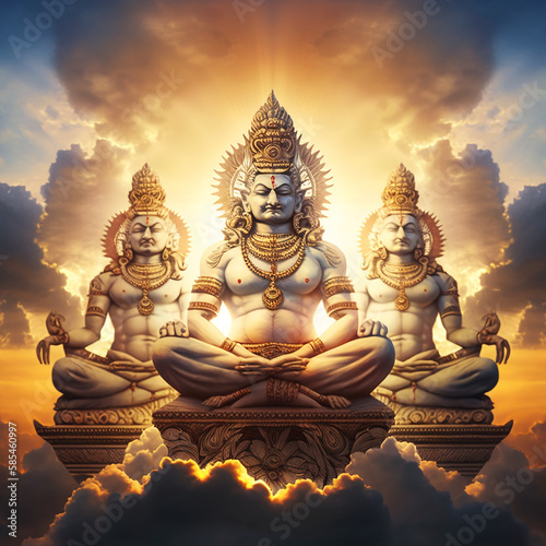 Buddha in the lotus position against the background of clouds and the sun. Generative AI.