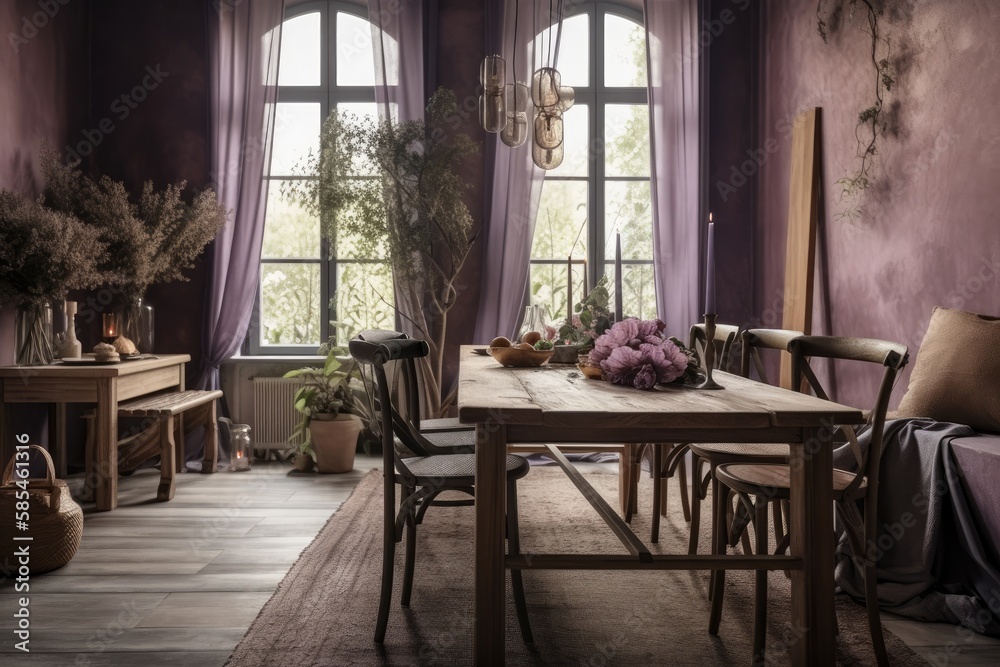 Purple and beige farmhouse dining room with wooden table and chairs. Plaster walls, bohemian decor,. Generative AI
