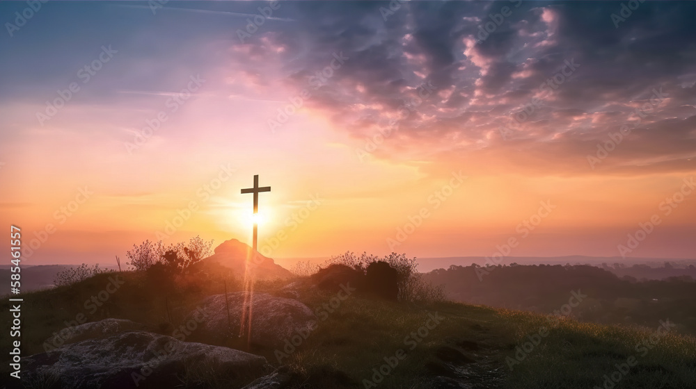 The Cross of Christ as seen from afar, resurrection, easter background created using Generative AI