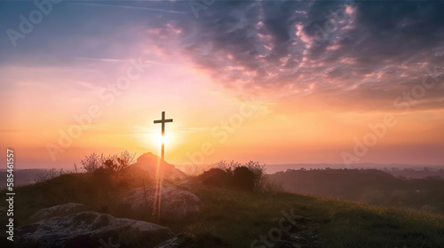 The Cross of Christ as seen from afar, resurrection, easter background created using Generative AI