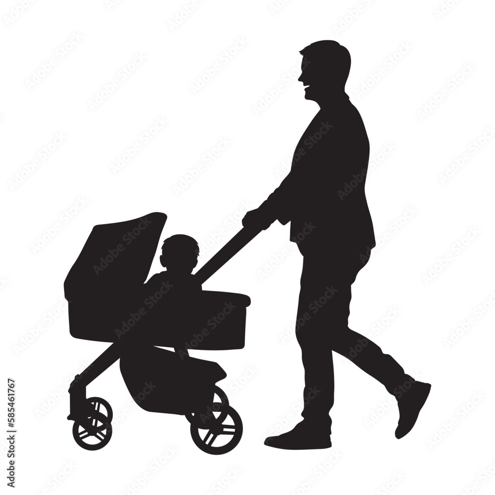Man pushing baby stroller side view silhouette. Man pushing baby stroller side view silhouette.
