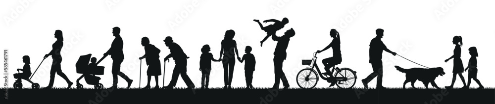 Group people adult and kids outdoor activities vector silhouette set.