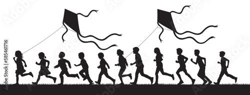 Kids flying kites on grass field out door vector silhouette.
